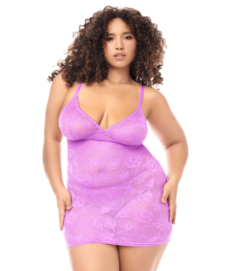 Babydoll grande taille dentelle violette et string 
